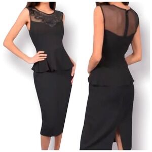 NWT Womens Marina Mesh Black Sequin Appliqué Peplum Bodice Gown Slit Dress SZ 4